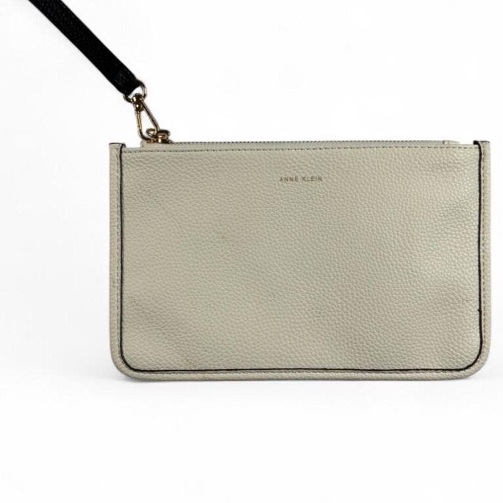 Anne Klein Cream Leather Zip Wallet Wristlet Clutch Gold Hardware